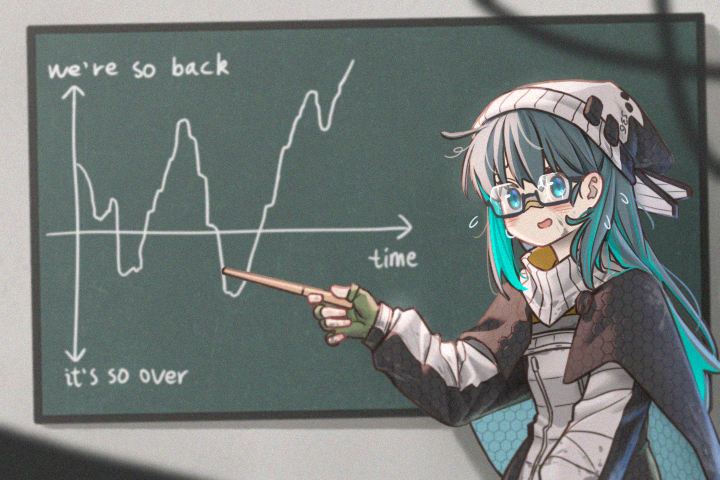 aqua_eyes, chalkboard, coordinates, eyewear_on_head, holding_tawse, humanization, it's_so_over_(meme), long_hair, meme, multicolored_hair, original, spacex, stainless_squid, starship-chan, tawse
