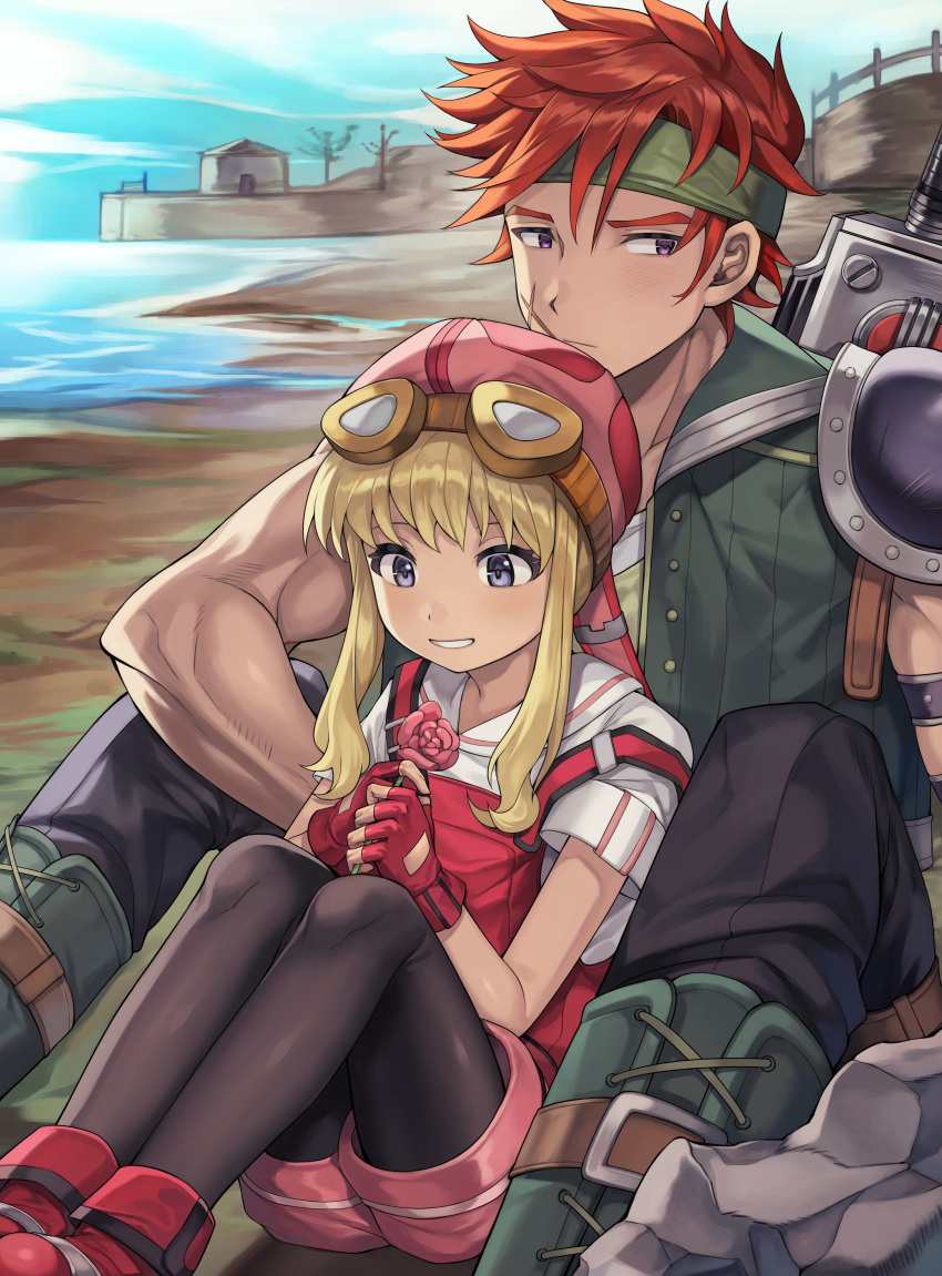 1boy, 1girl, absurdres, agate_crosner, armor, beach, beanie, blue_sky