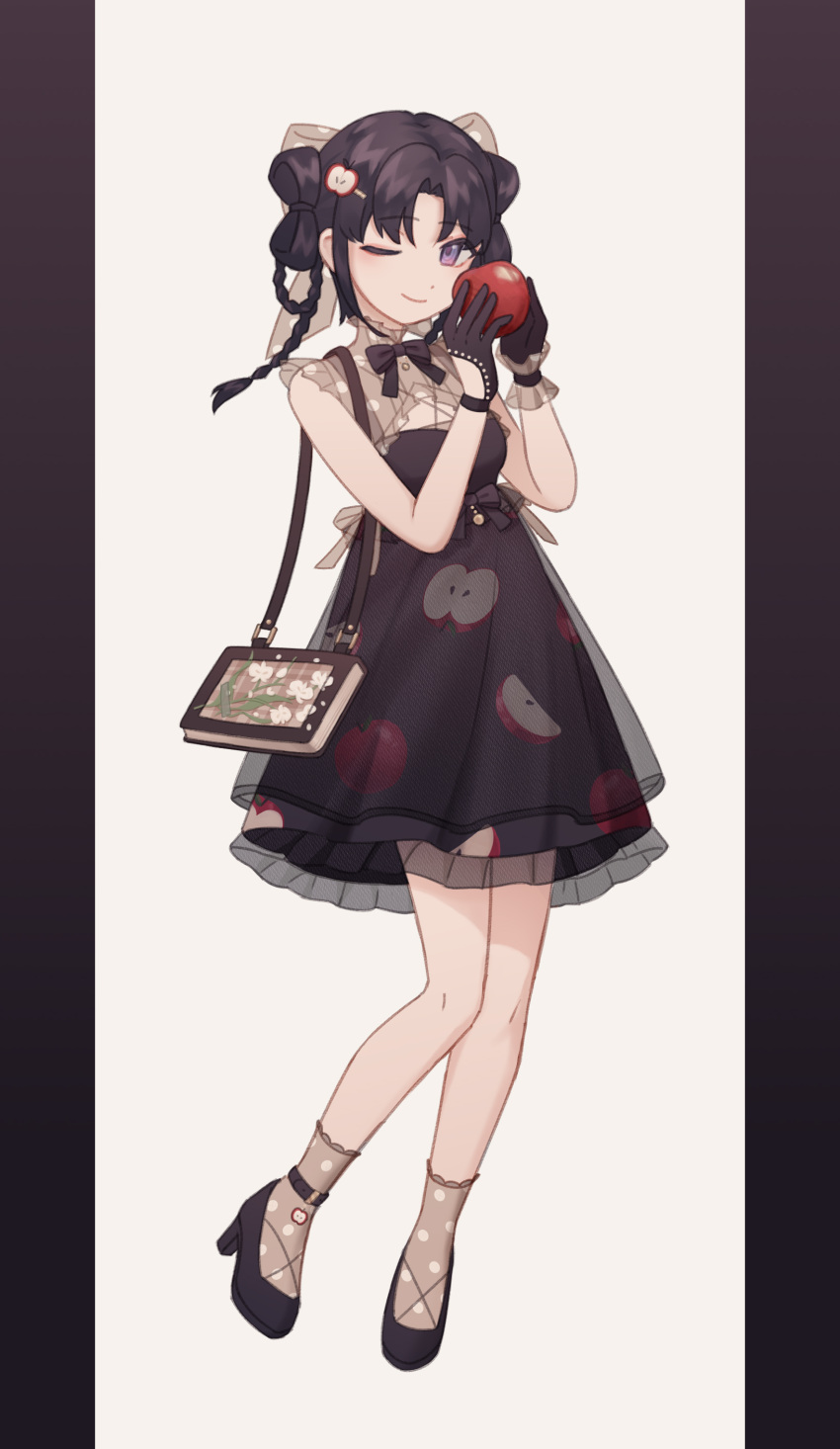 1girl, absurdres, anklet, apple, apple_hair_ornament, apple_print, bag, black_border, black_bow, black_bowtie, black_dress, black_gloves, black_hair, black_shoes, black_wrist_cuffs, book, border, bow, bowtie, braid, braided_hair_rings, buttons, center_frills, closed_mouth, collared_shirt, dress, food, food-themed_hair_ornament, food_print, frilled_dress, frilled_shirt, frilled_shirt_collar, frilled_wrist_cuffs, frills, fruit, fruit_print, fruity_wish_(infinity_nikki), full_body, gloves, grey_socks, hair_bow, hair_ornament, hair_rings, hairclip, happy, high_collar, high_heels, highres, holding, holding_food, holding_fruit, infinity_nikki, jewelry, knees, lace-trimmed_socks, long_hair, medium_dress, meeako, mismatched_wrist_cuffs, nikki_(series), one_eye_closed, parted_bangs, pillarboxed, pinafore_dress, polka_dot_socks, pumps, shirt, shirt_under_dress, shoes, shoulder_bag, simple_background, sleeveless, sleeveless_dress, sleeveless_shirt, socks, solo, standing, twin_braids, violet_eyes, white_background, white_bow, white_shirt, wrist_cuffs