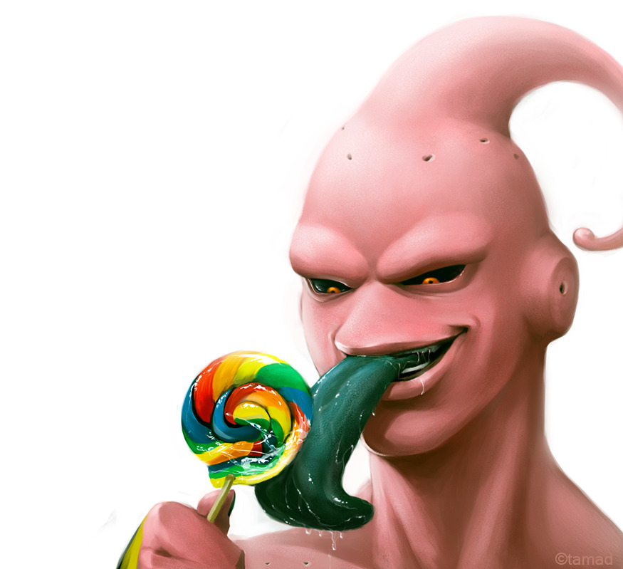 1boy, 1llustri, black_sclera, candy, colored_sclera, colored_tongue, commentary, dragon_ball