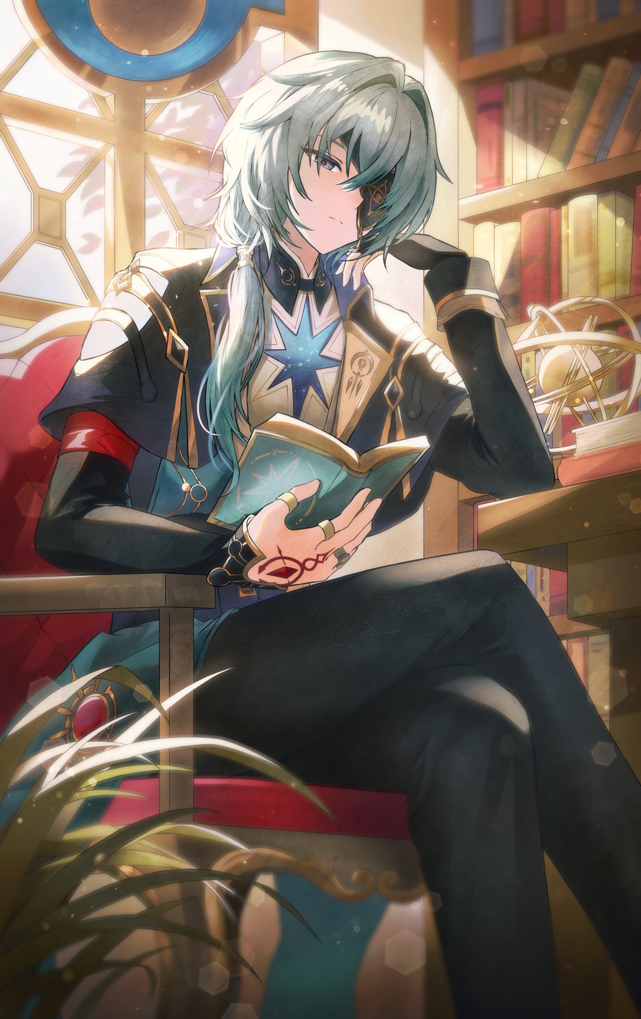 1boy, anaxa_(honkai:_star_rail), black_coat, black_gloves, black_pants, book, bookshelf, closed_mouth