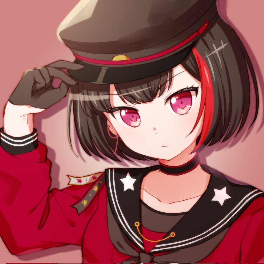 1girl, bang_dream!, black_gloves, black_hair, black_hat, black_neckerchief, black_sailor_collar, bob_cut