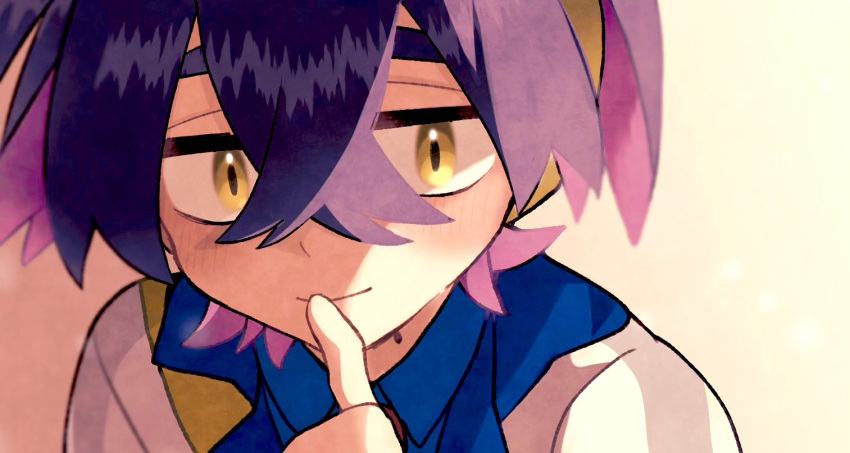1boy, black_hair, blue_shirt, blush, closed_mouth, crossed_bangs, finger_to_mouth, hair_between_eyes