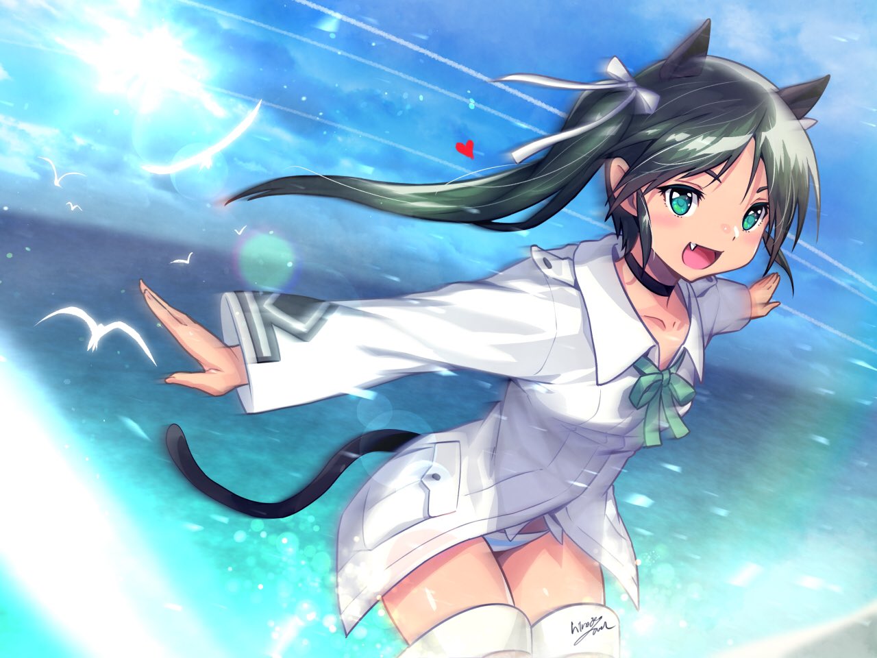 1girl, animal_ears, bird, black_hair, blue_sky, bow, cat_ears, cat_girl