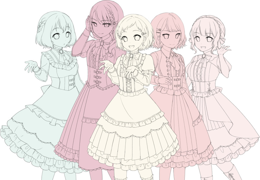 5girls, :d, :o, afterglow_(bang_dream!), aoba_moca, bang_dream!, braid, breasts