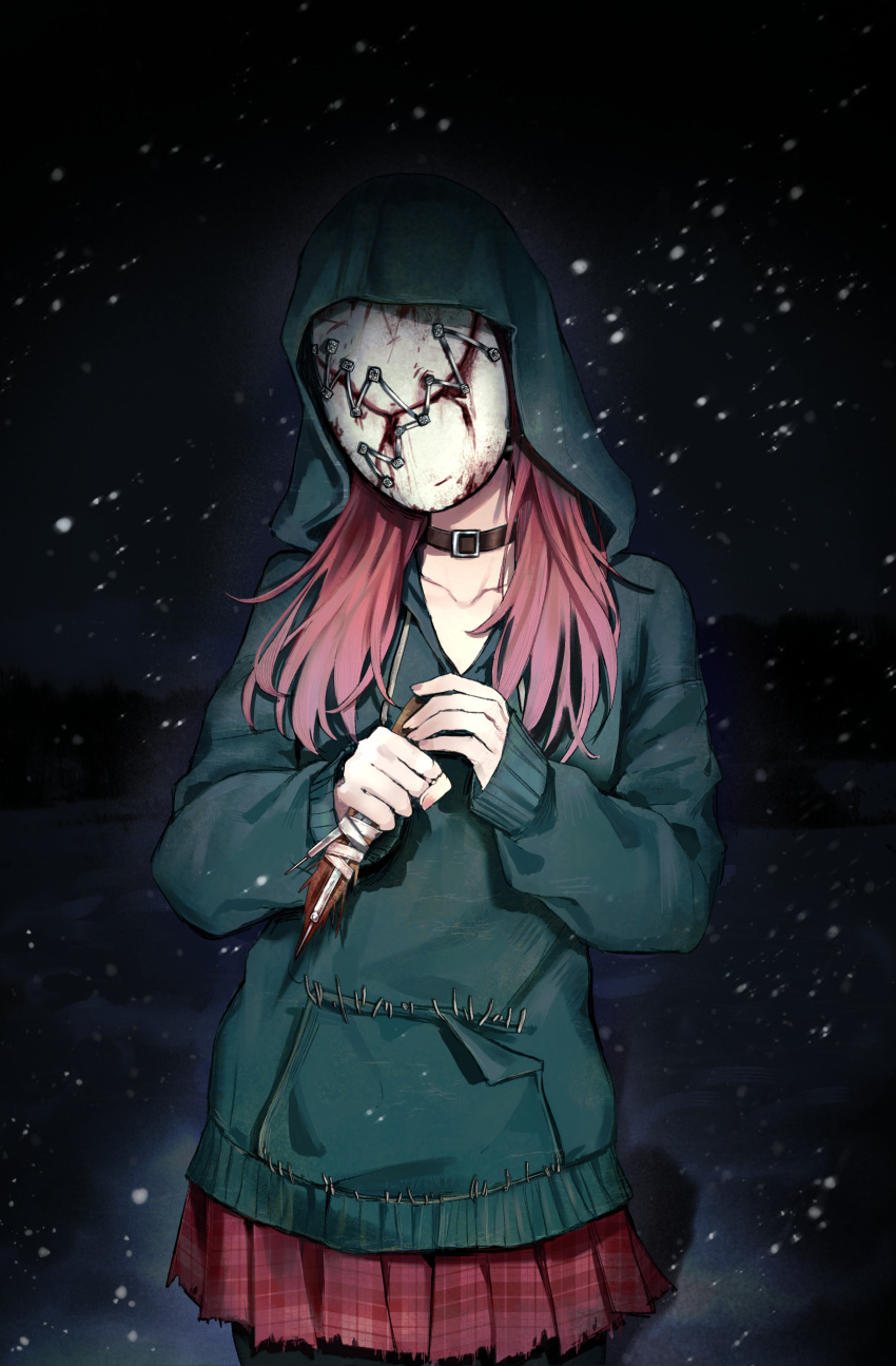 1girl, absurdres, belt_collar, black_hoodie, collar, commentary_request, dark_background, dead_by_daylight, gu_gu_ya, highres, holding, holding_knife, hood, hood_up, hoodie, knife, mask, night, pink_hair, pleated_skirt, red_skirt, skirt, solo, susie_lavoie, the_legion_(dead_by_daylight)