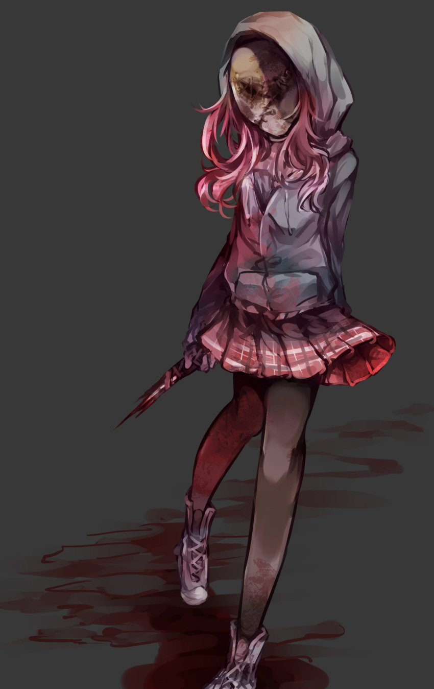 1girl, black_hoodie, black_pantyhose, blood, blood_on_weapon, commentary_request, dead_by_daylight, english_commentary