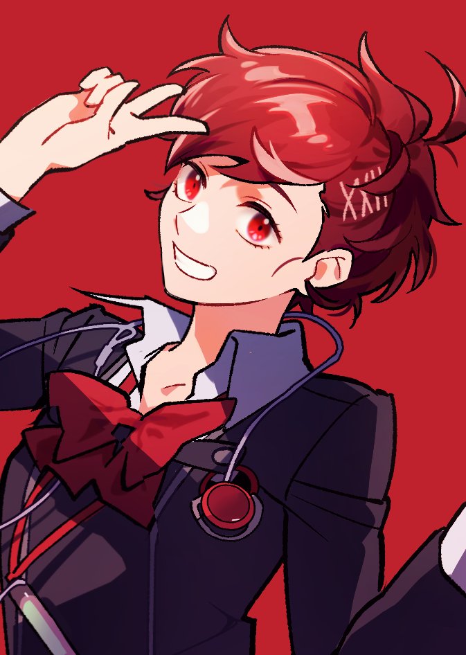 1girl, arm_up, black_jacket, buttons, cable, gekkoukan_high_school_uniform, hair_ornament, hairband
