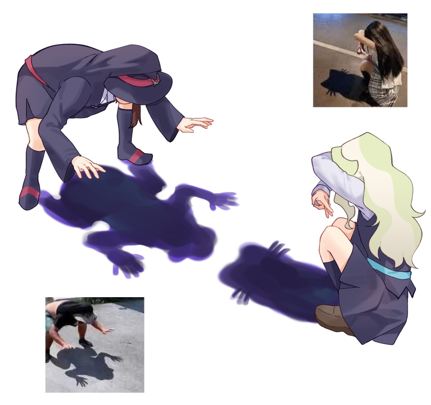2girls, absurdres, blonde_hair, brown_hair, brown_shoes, cat_shadow_puppet, diana_cavendish, double_w