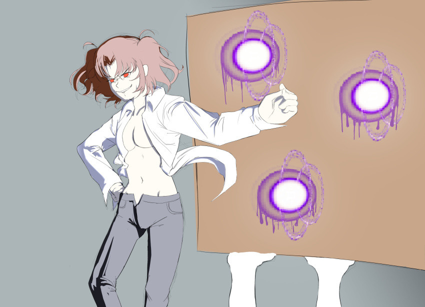 1girl, absurdres, black_pants, breasts, brown_hair, collared_shirt, cosplay, evil_grin