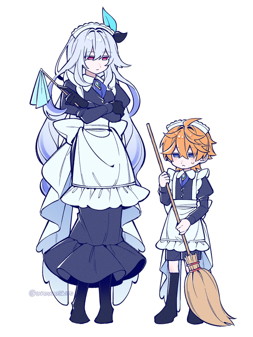 1boy, 1girl, aged_down, ahoge, alternate_costume, apron, aqua_gemstone, artist_name