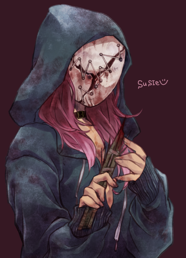 1girl, belt_collar, blood, blood_on_knife, blue_hoodie, collar, commentary_request, dead_by_daylight