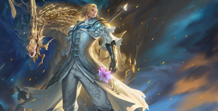 1boy, armor, armored_gloves, bahamut_(final_fantasy), belt, black_belt, blonde_hair, chainmail