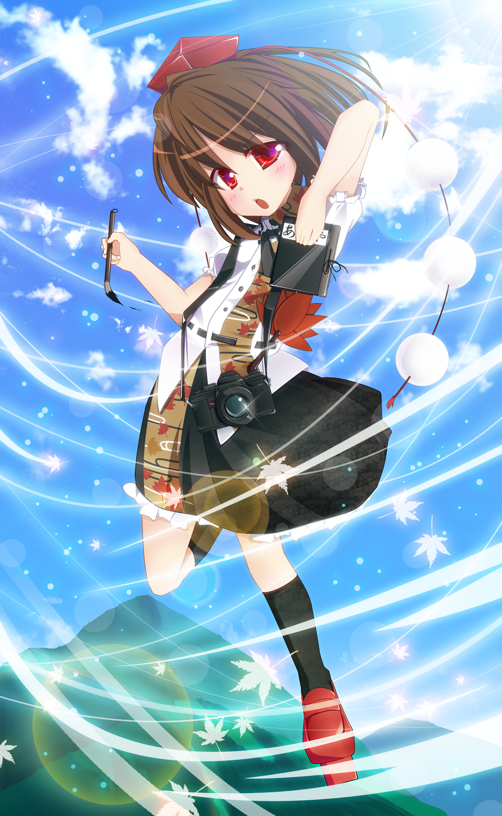 brown_hair, camera, feather_pen, fule, geta, highres, notebook, red_eyes