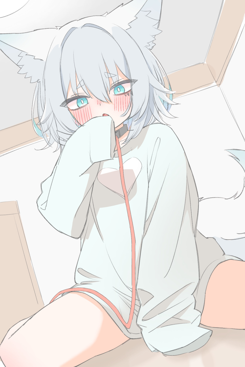 1girl, animal_ears, between_legs, blue_eyes, blush, collar, fox_ears, fox_girl