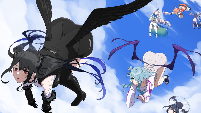6+girls, absurdres, ass, asymmetrical_horns, black_hair, blue_eyes, blue_hair, braid, braided_bangs, closed_eyes, clouds, cloudy_sky, daydarion, demon_horns, earrings, elira_pendora, elira_pendora_(1st_costume), feather-trimmed_jacket, feather_earrings, feathers, flying, grey_hair, hair_over_one_eye, hat, head_wings, highres, hololive, hololive_english, hololive_indonesia, horns, jewelry, long_hair, long_sleeves, low_wings, mole, mole_under_eye, multicolored_hair, multiple_girls, nerissa_ravencroft, nerissa_ravencroft_(1st_costume), nijisanji, nijisanji_en, ninomae_ina'nis, ninomae_ina'nis_(1st_costume), open_mouth, orange_hair, orange_hat, ouro_kronii, pavolia_reine, pavolia_reine_(1st_costume), purple_hair, red_eyes, side_ponytail, skindentation, sky, smile, takanashi_kiara, takanashi_kiara_(1st_costume), top-down_bottom-up, two-tone_hair, upskirt, virtual_youtuber, wings
