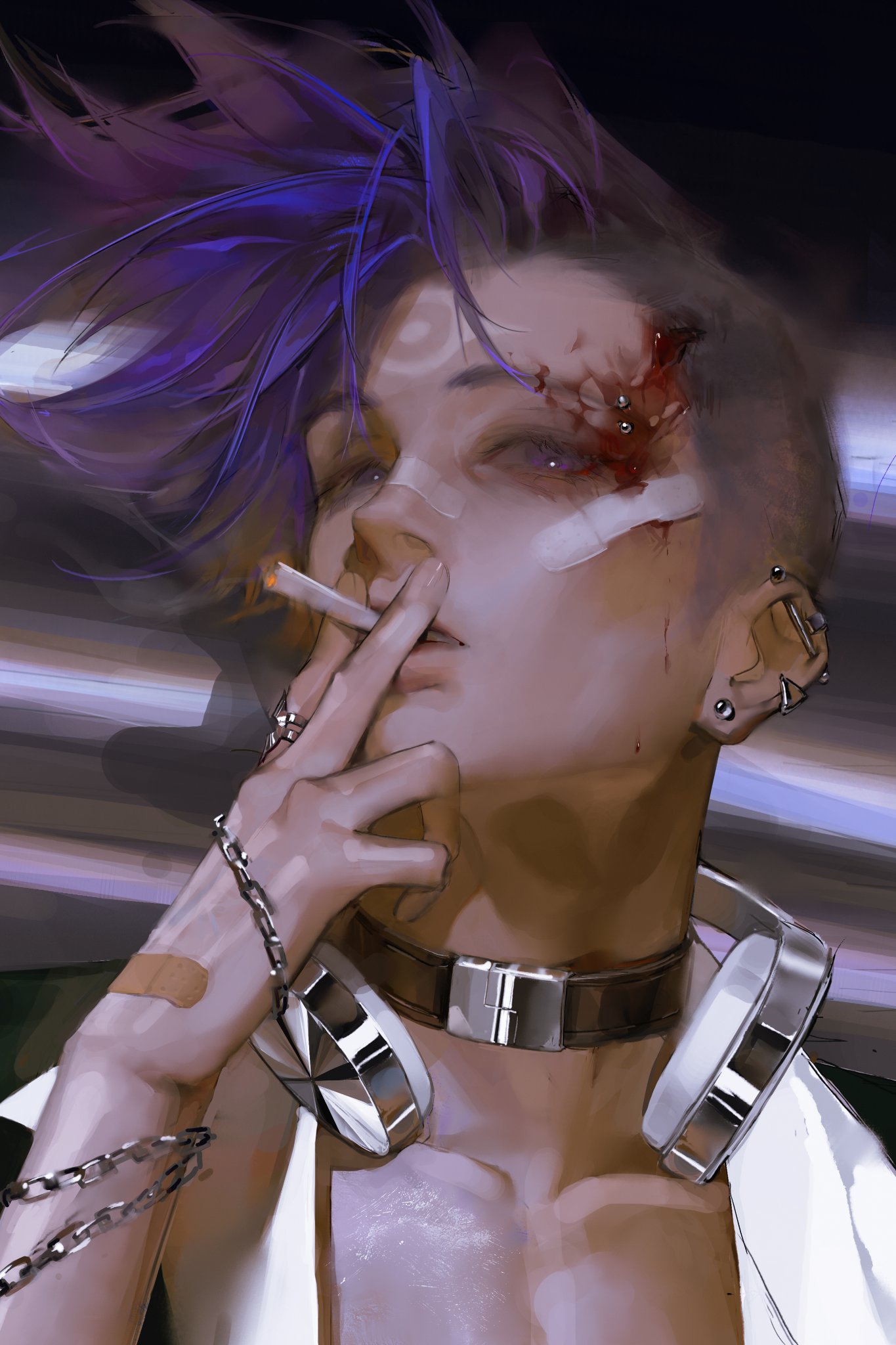1boy, bandaid, bandaid_on_face, bandaid_on_nose, black_choker, blood, blood_on_face, blood_splatter, chain, chinese_commentary, choker, cigarette, dragon_boy_(to_be_hero_x), ear_piercing, earphones, earrings, highres, holding, holding_cigarette, jewelry, mohawk, open_clothes, piercing, portrait, purple_hair, ring, shirt, smoking, spiky_hair, stud_earrings, to_be_hero_x, tubian_yingxiong_x, violet_eyes, white_shirt