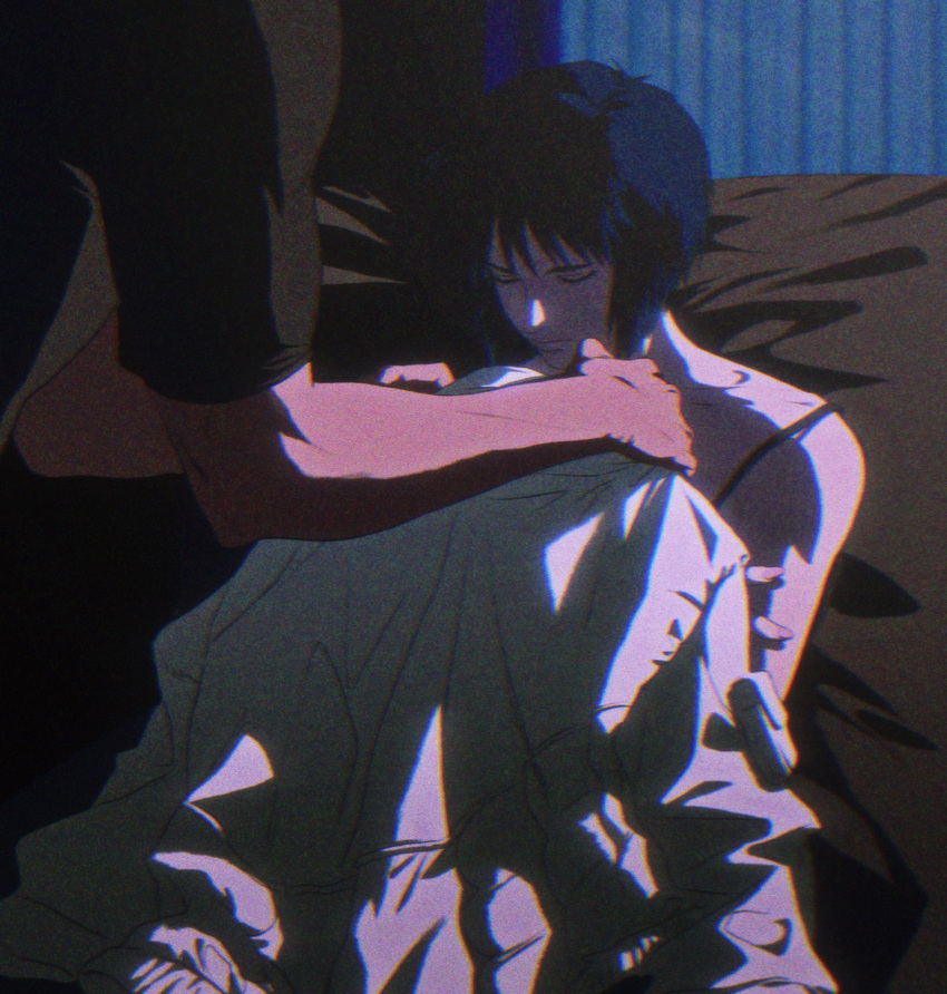 1boy, 1girl, aizheajsee, batou_(gits), black_hair, closed_eyes, coat, dressing_another