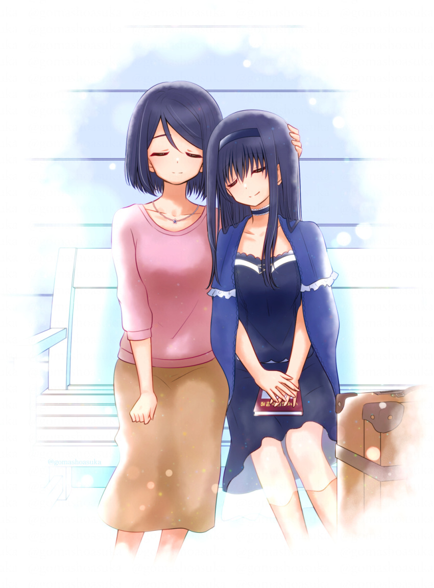 bench, black_camisole, black_choker, black_hair, black_hairband, black_skirt, blue_capelet, book, brown_skirt, camisole, capelet, choker, clenched_hand, closed_eyes, closed_mouth, collarbone, commentary_request, facing_viewer, feet_out_of_frame, frilled_capelet, frilled_choker, frills, gomasho_asuka, hair_between_eyes, hair_over_shoulder, hairband, hand_on_another's_head, happy, highres, jewelry, kushima_kamome, kushima_sagi, leaning_on_person, leaning_to_the_side, long_hair, long_skirt, long_sleeves, medium_hair, mother_and_daughter, necklace, on_bench, own_hands_together, pink_shirt, rolling_suitcase, shirt, side-by-side, sidelocks, sitting, skirt, smile, split_mouth, straight_hair, suitcase, summer_pockets, swept_bangs, v_arms