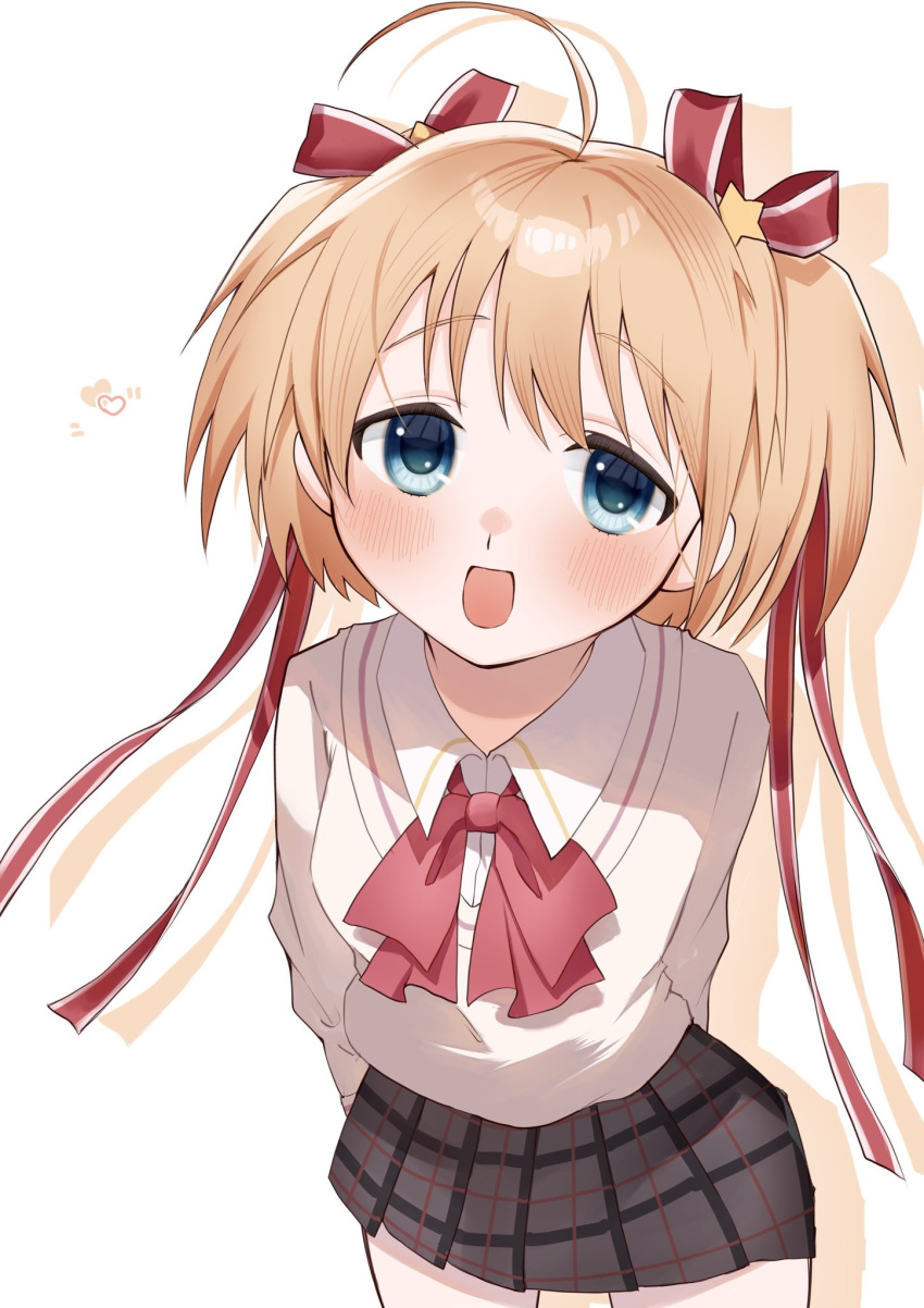 1girl, :d, ahoge, blonde_hair, blue_eyes, blush, bow, bowtie, collared_shirt, commentary_request, cowboy_shot, drop_shadow, eshiko, grey_skirt, hair_between_eyes, hair_ornament, hair_ribbon, happy, heart, highres, kamikita_komari, lightning_bolt_symbol, little_busters!, long_ribbon, looking_at_viewer, miniskirt, open_mouth, pink_bow, pink_bowtie, plaid_clothes, plaid_skirt, red_ribbon, ribbon, shirt, short_hair, simple_background, skirt, smile, solo, spiky_hair, star_(symbol), star_hair_ornament, sweater, two_side_up, white_background, white_shirt, yellow_sweater