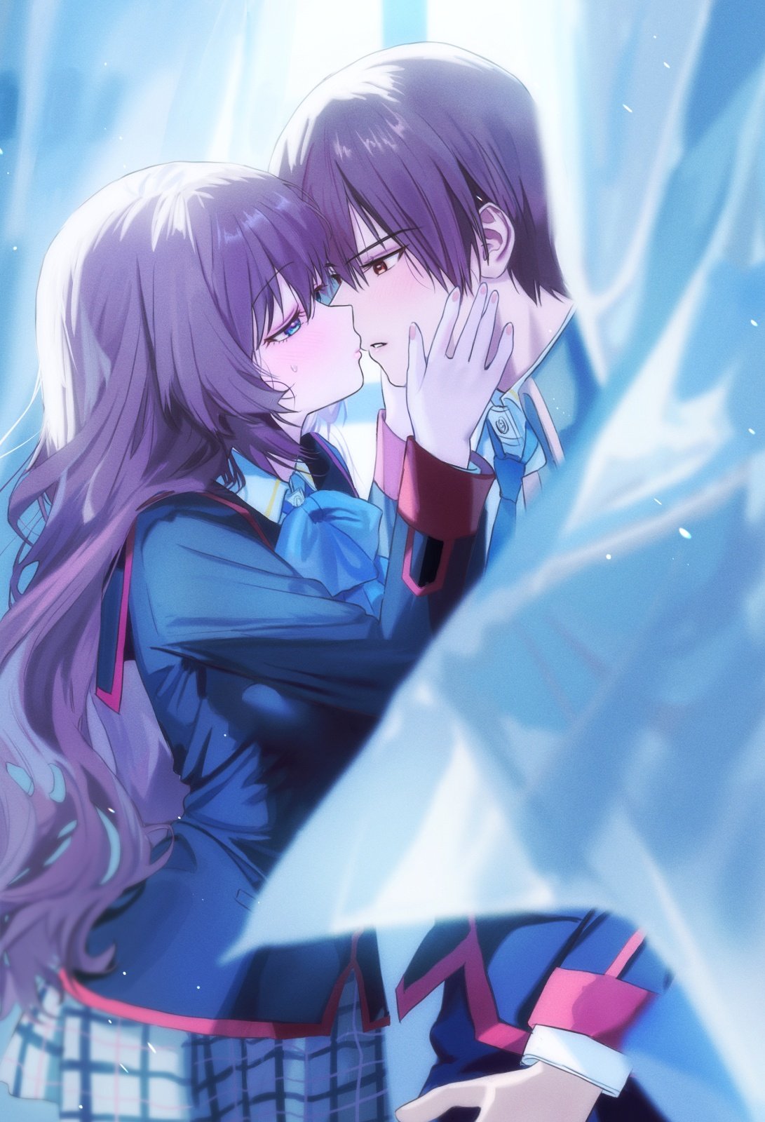 1boy, 1girl, a-chan_(little_busters!), assertive_female, backlighting, black_jacket, blue_bow, blue_bowtie