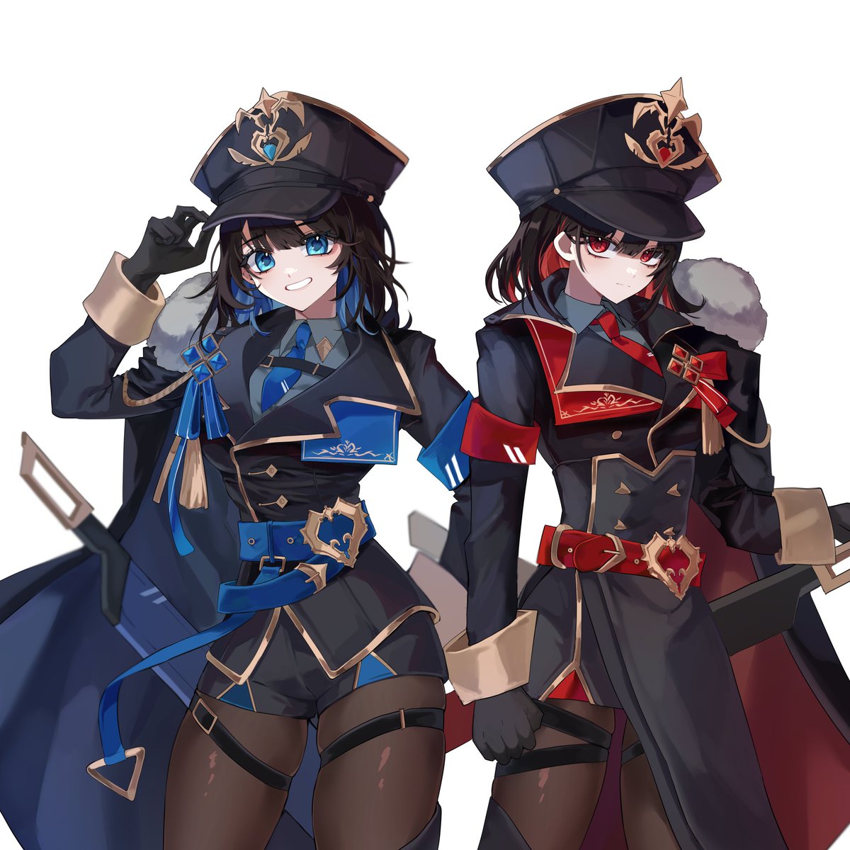 2girls, armband, black_gloves, black_hair, black_jacket, black_pantyhose, black_survival, blue_armband