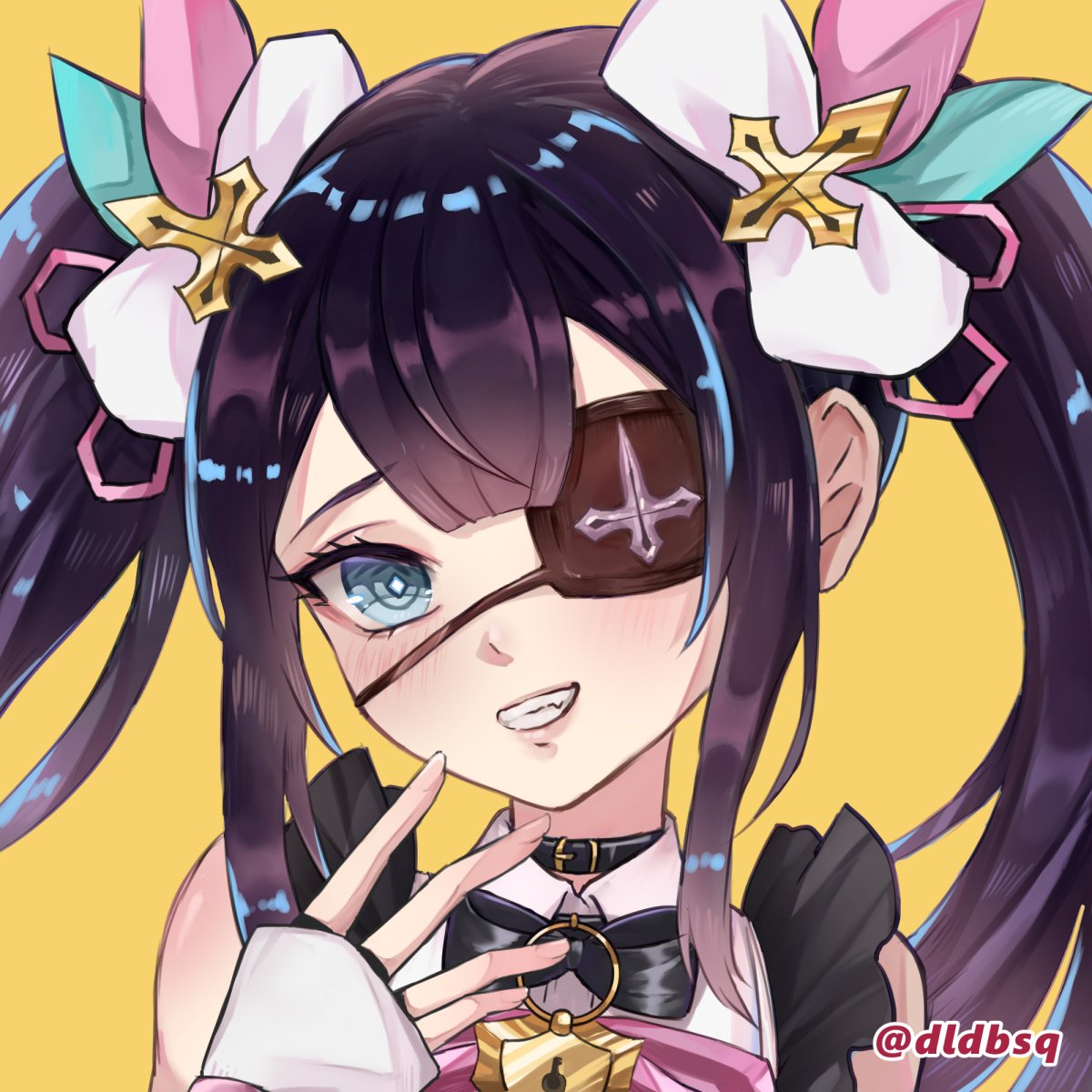 1girl, artist_name, belt_collar, black_bow, black_bowtie, black_collar, blue_eyes, blush