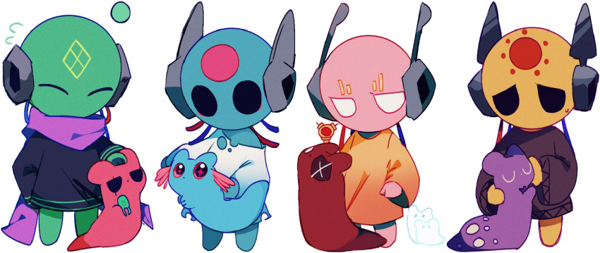 1girl, 1other, 2boys, androgynous, artificer_(rain_world), axolotl_ears, barefoot, black_cloak