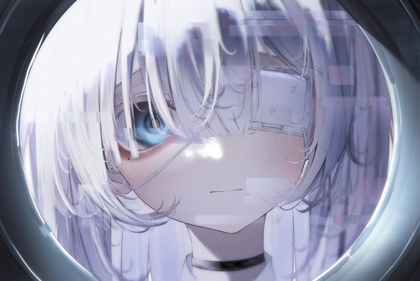1girl, absurdres, bags_under_eyes, black_choker, blue_eyes, choker, close-up, empty_eyes