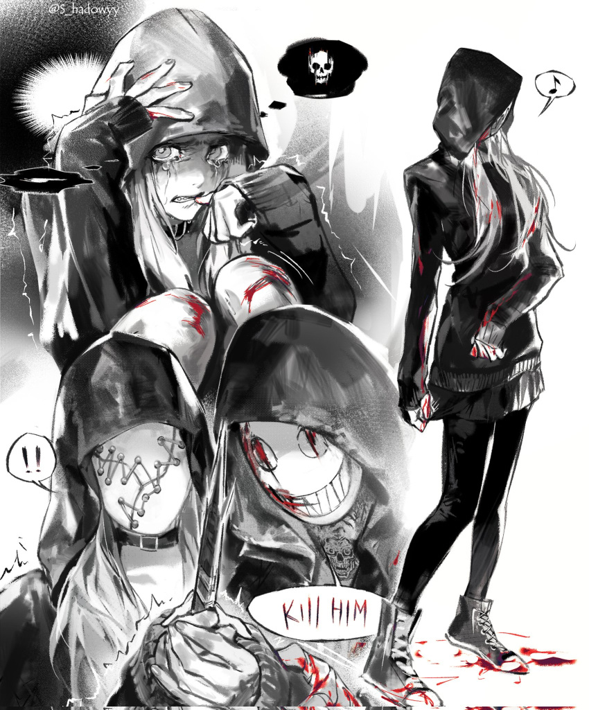 !, !!, 1boy, 1girl, belt_collar, blood, blood_on_clothes, collar