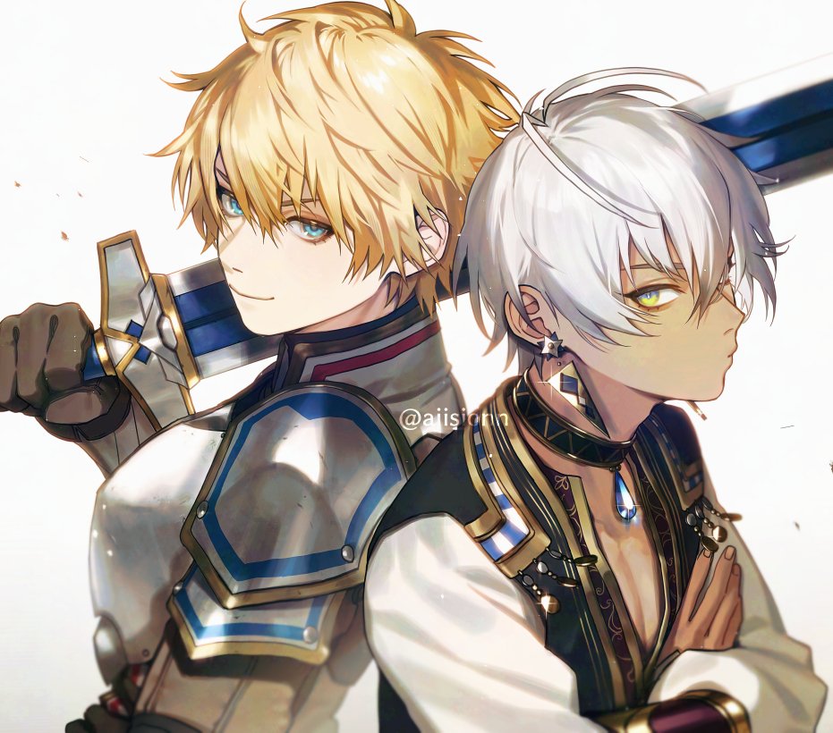 2boys, armor, artist_name, back-to-back, black_choker, black_vest, blonde_hair, blue_eyes