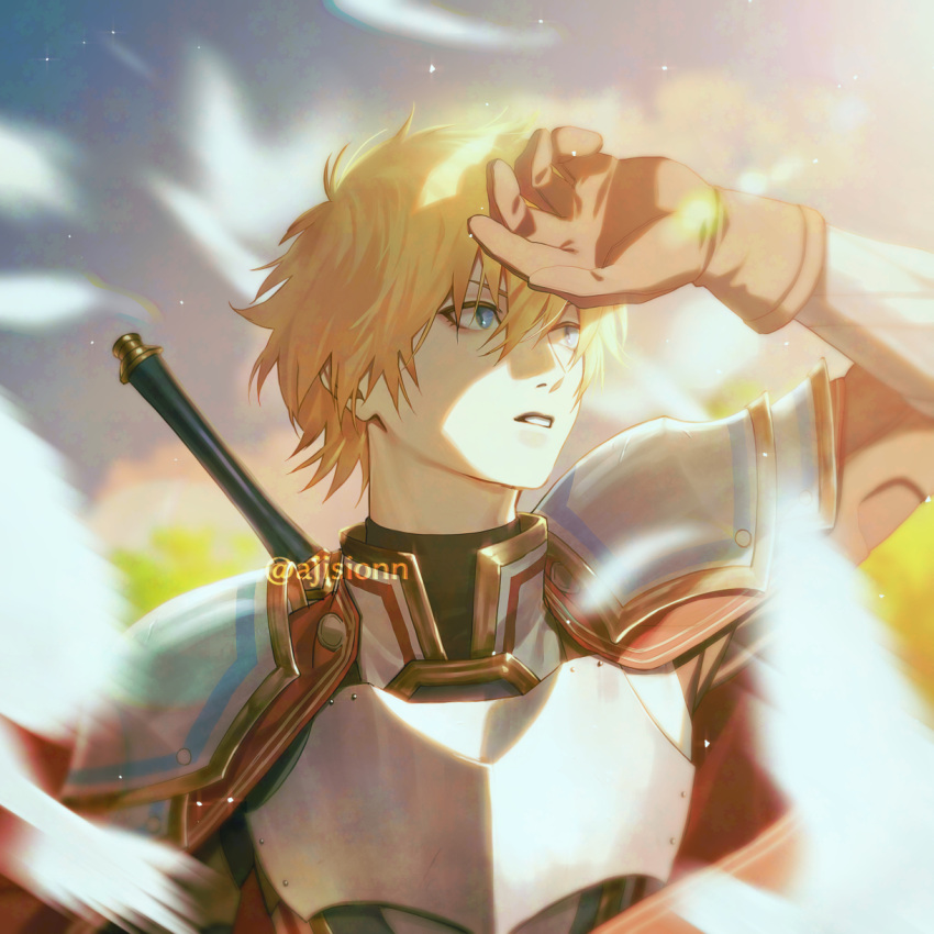 1boy, armor, artist_name, bird, black_shirt, blonde_hair, blue_eyes, blurry