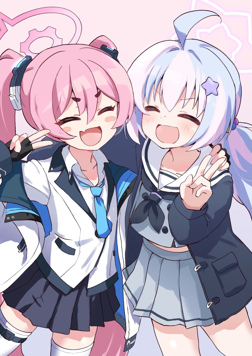 2girls, ahoge, black_gloves, black_jacket, black_skirt, blue_archive, blue_hair, blue_necktie