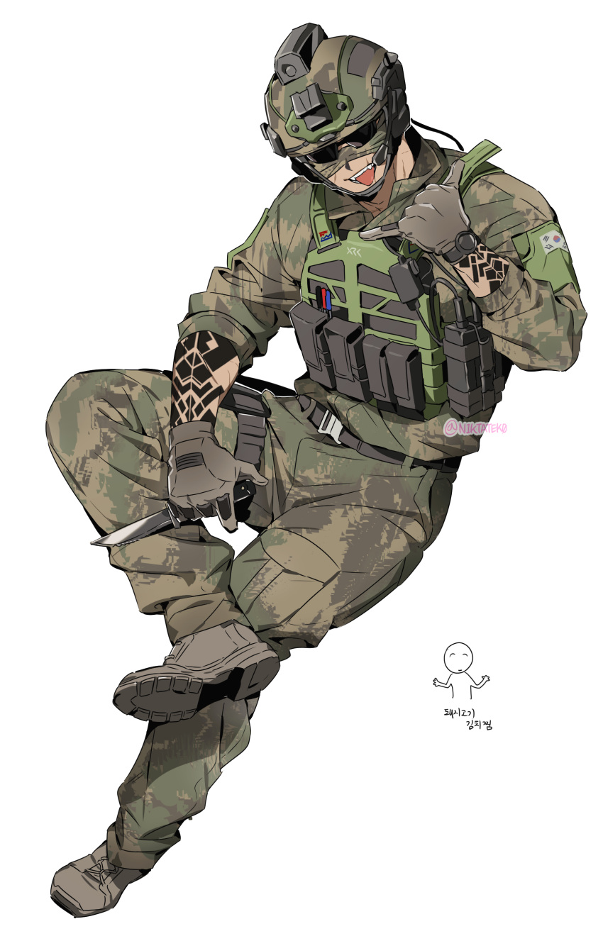 1boy, \m/, absurdres, ammunition_pouch, arm_tattoo, belt, black_belt, boots