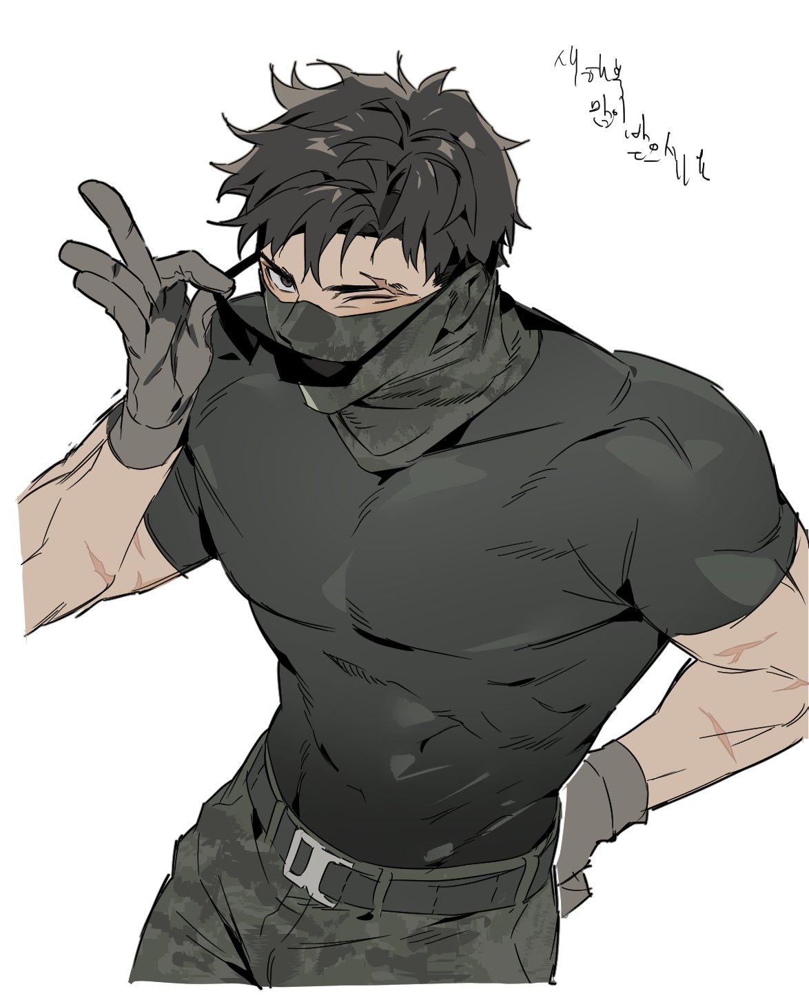 1boy, adjusting_eyewear, belt, black_hair, black_shirt, brown_eyes, call_of_duty, call_of_duty:_modern_warfare_2