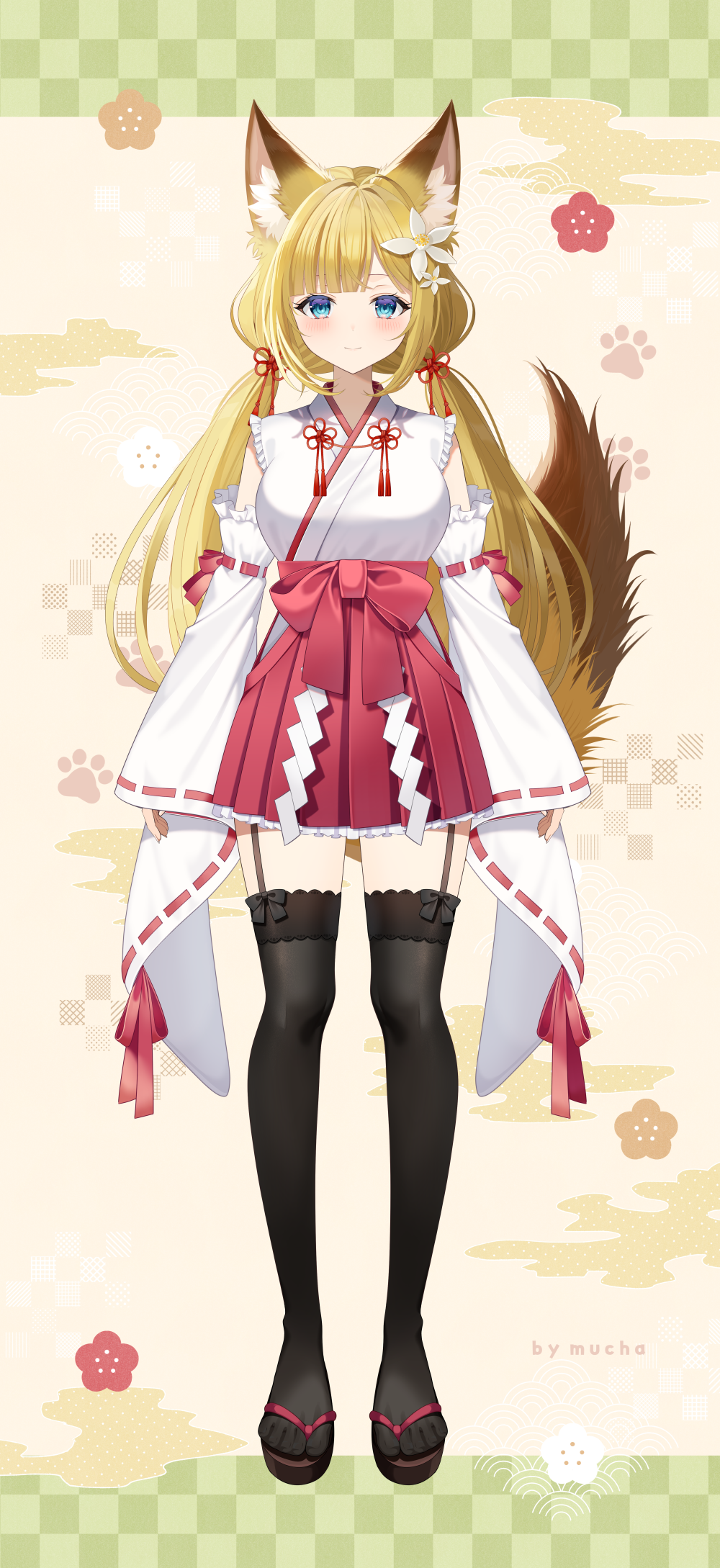 1girl, animal_ear_fluff, animal_ears, black_thighhighs, blonde_hair, blue_eyes, breasts, brown_background