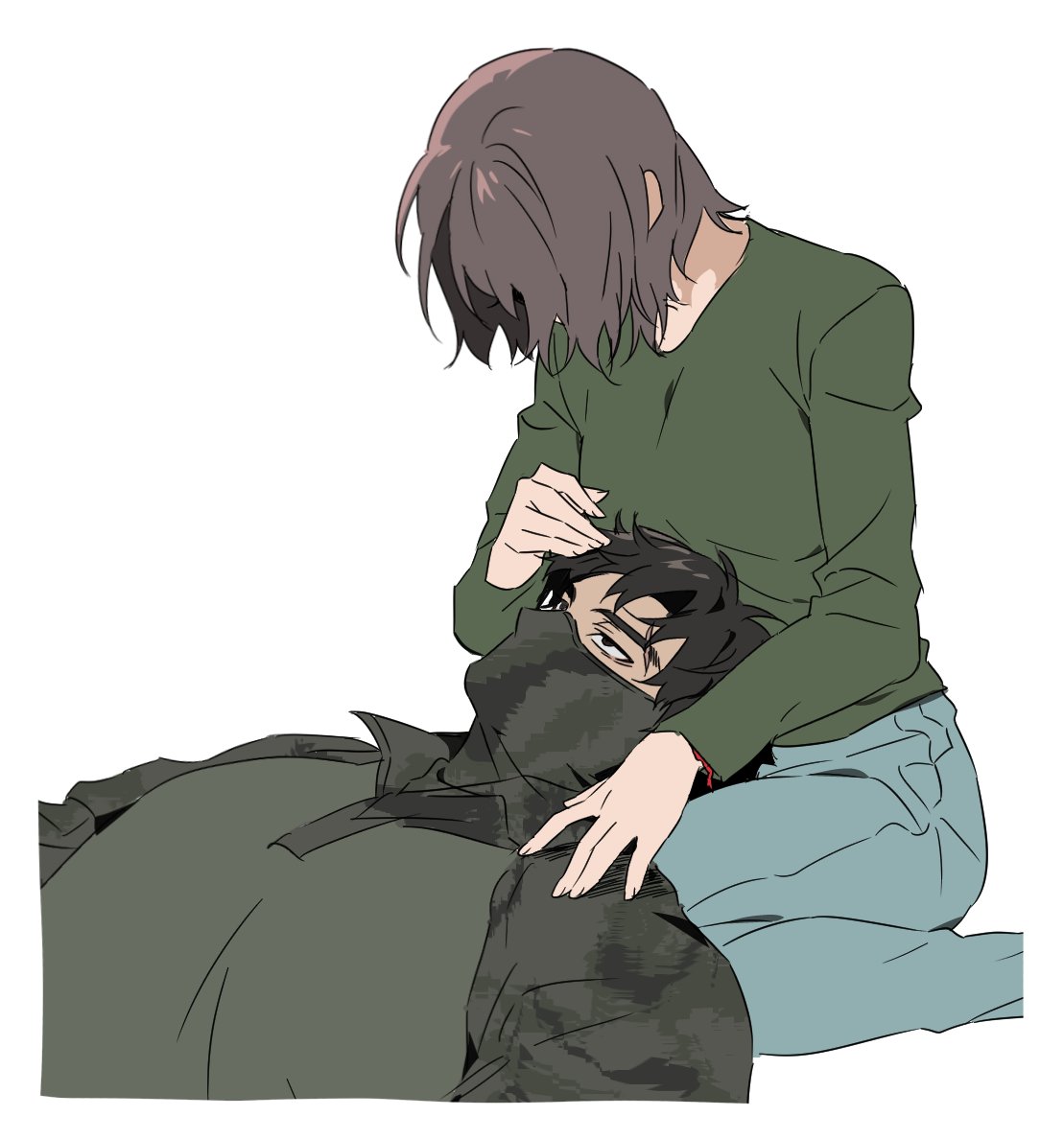 1boy, 1girl, black_hair, blue_pants, brown_hair, call_of_duty, call_of_duty:_modern_warfare_2, camouflage