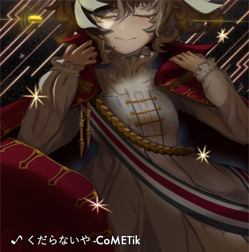 1girl, aiguillette, aristocratic_clothes, bullet, cape, closed_eyes, closed_mouth, dress