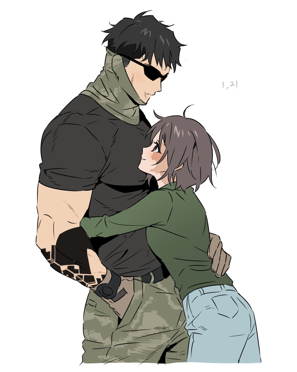 1boy, 1girl, arm_tattoo, black_hair, black_shirt, brown_eyes, brown_gloves, brown_hair
