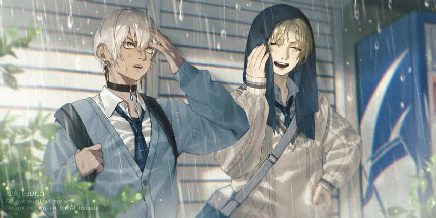 2boys, :d, ^_^, anger_vein, angry, artist_name, backpack, bag