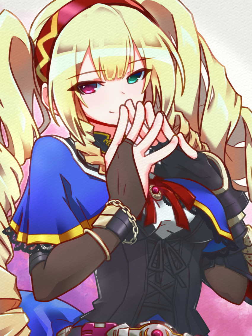 1girl, absurdres, aqua_eyes, assault_lily, belt, belt_buckle, black_gloves, black_shirt, blonde_hair, blue_capelet, bracelet, breasts, bridal_gauntlets, brown_bridal_gauntlets, buckle, capelet, chain, chain_bracelet, closed_mouth, commentary_request, cross-laced_clothes, cross-laced_top, digamma, drill_hair, drill_sidelocks, fingerless_gloves, gloves, gradient_background, grey_background, hairband, heterochromia, highres, jewelry, komai_sumire, lace-trimmed_capelet, lace_trim, long_hair, looking_at_viewer, medium_breasts, neck_ribbon, odaiba_girls_high_school_uniform, pink_background, pink_belt, pink_brooch, pink_eyes, purple_background, red_hairband, red_ribbon, ribbon, school_uniform, shirt, sidelocks, single_fingerless_glove, single_glove, smile, solo, steepled_fingers, twintails, two-tone_shirt, upper_body, very_long_hair, white_shirt, wristband