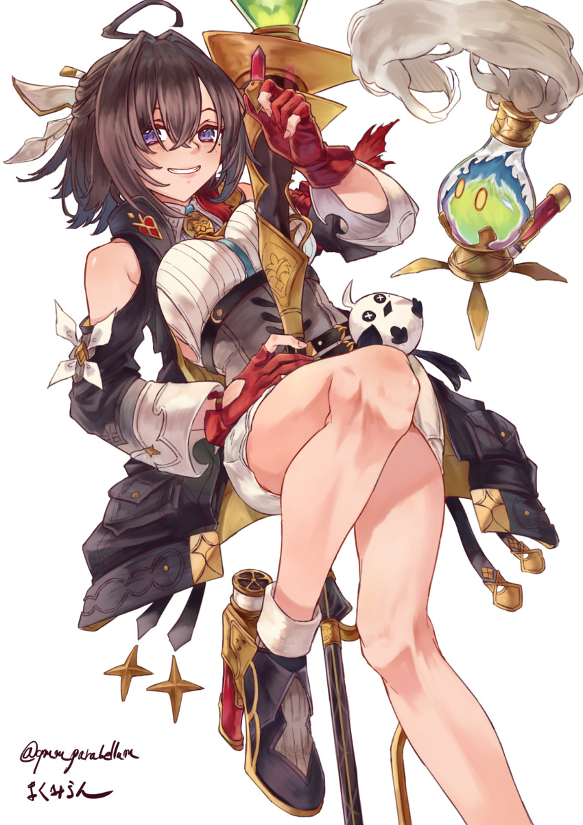 ahoge, atelier_(series), atelier_yumia, fingerless_gloves, flammi_(atelier), gloves, high_heels, highres, holding, holding_staff, looking_at_viewer, qmmparabellum, short_hair, staff, thighs, yumia_liessfeldt