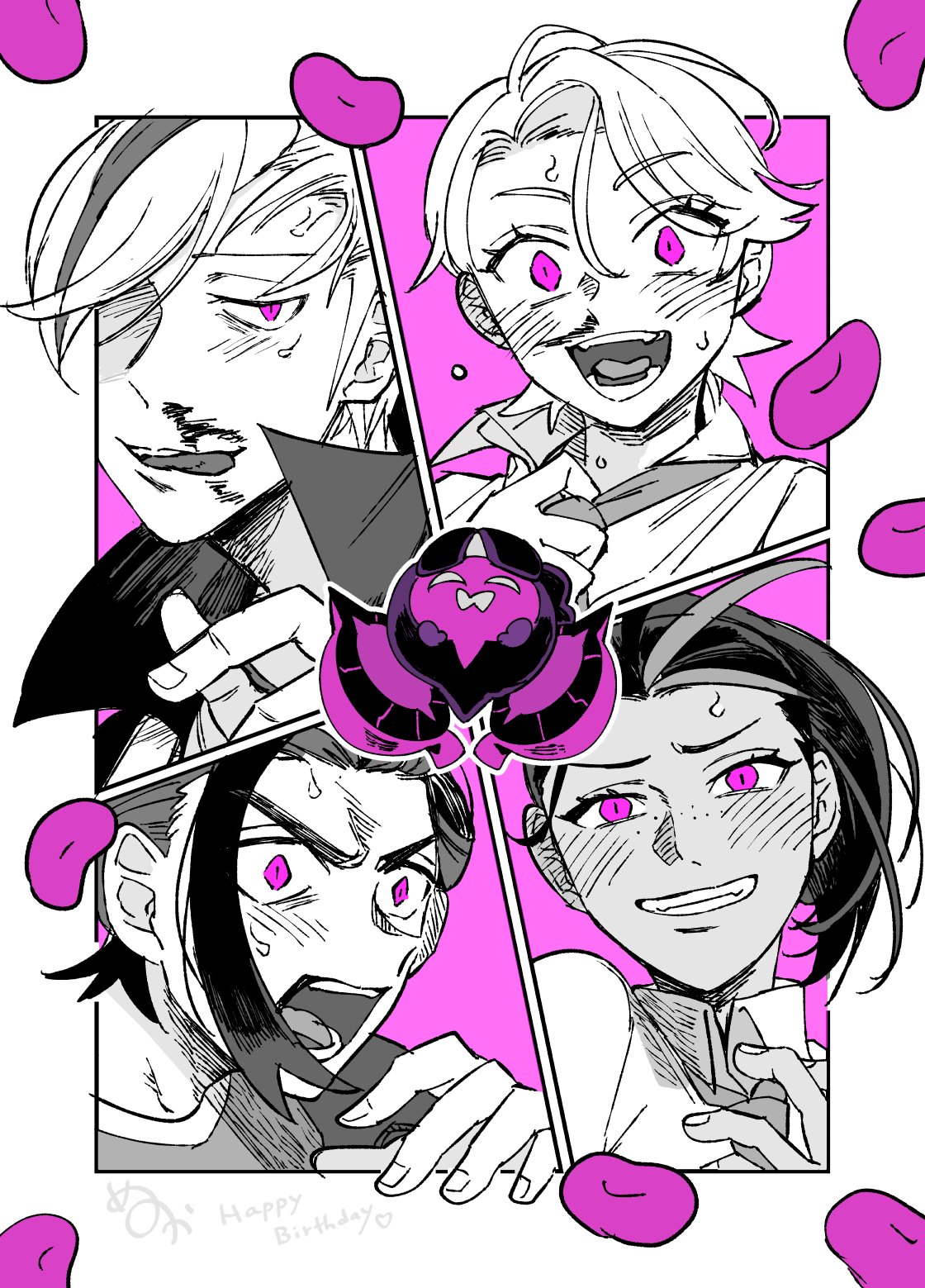 2boys, 2girls, blood, blush, cibamatoxins, commentary_request, crazy_eyes, dark-skinned_female