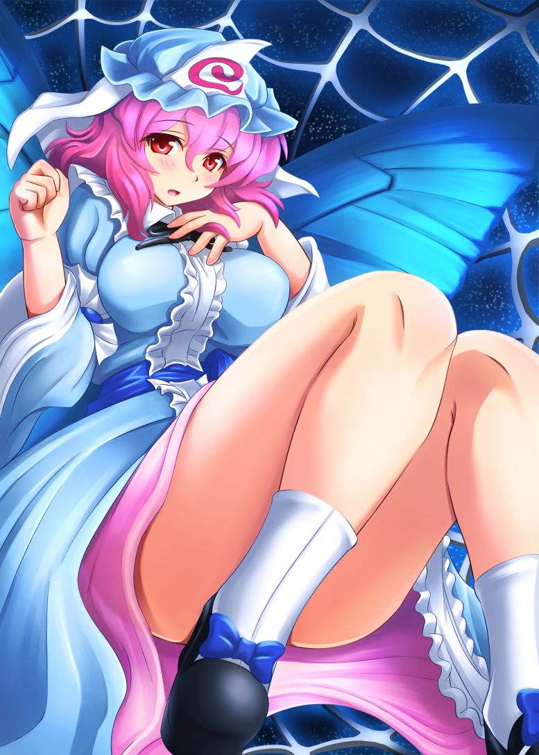 breasts, butterfly_wings, butterlfy_wings, ghost, hat, japanese_clothes, pink_eyes, pink_hair