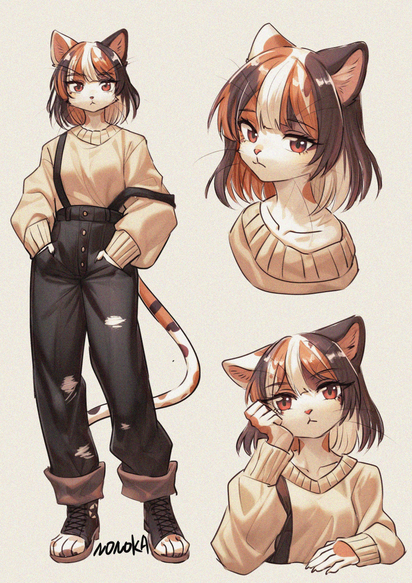1girl, :<, absurdres, animal_ears, artist_name, black_hair, black_pants, brown_hair