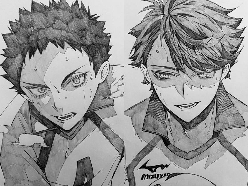 2boys, 3_surugi, collared_shirt, commentary_request, grey_background, greyscale, haikyuu!!, hair_between_eyes