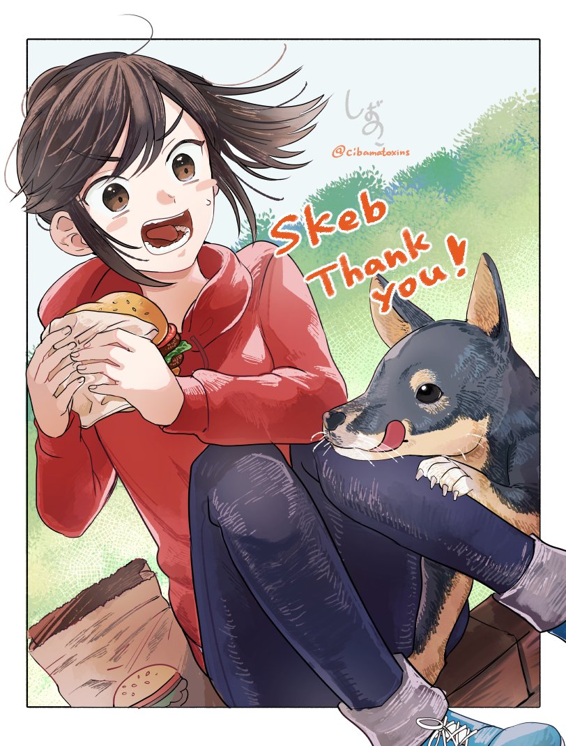 1girl, bag, black_pants, blue_shoes, blush_stickers, brown_eyes, brown_hair, burger