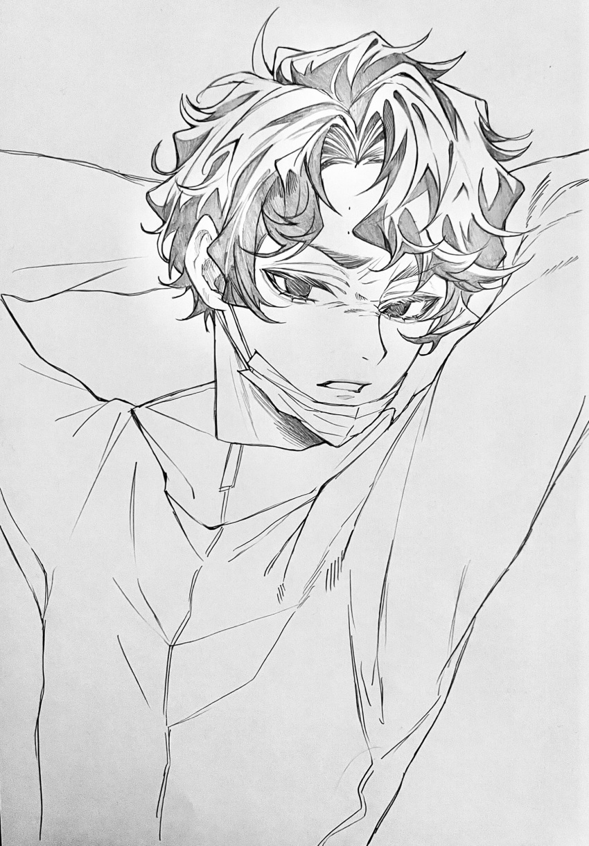 1boy, 3_surugi, arms_up, clenched_teeth, commentary_request, curtained_hair, grey_background, haikyuu!!, highres, jacket, long_sleeves, looking_to_the_side, male_focus, sakusa_kiyoomi, sideways_glance, simple_background, solo, teeth, track_jacket, wavy_hair, zipper, zipper_pull_tab
