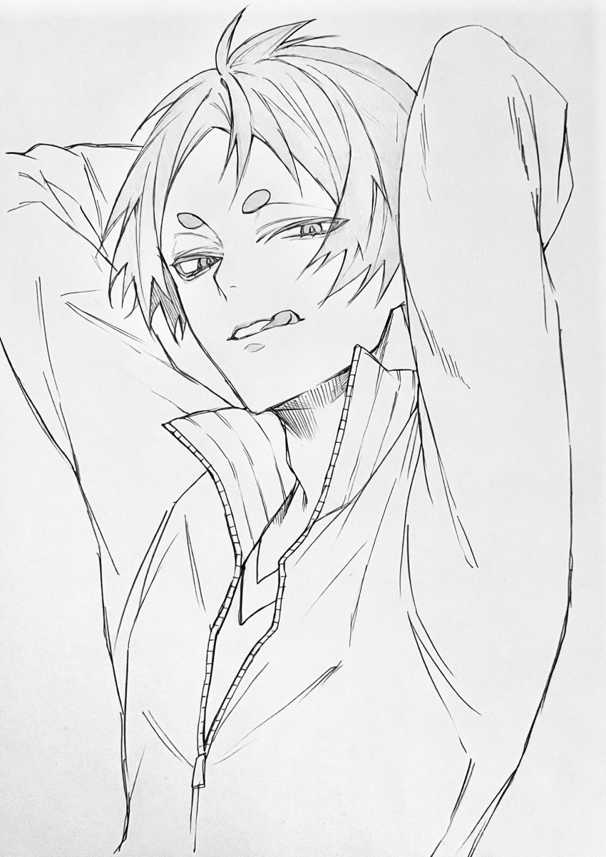 1boy, 3_surugi, :d, arms_up, collared_jacket, commentary_request, grey_background, greyscale
