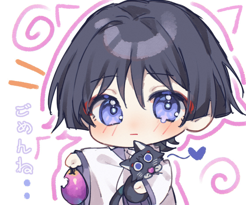 1boy, animal, animalization, black_cat, black_hair, blunt_ends, blush, bright_pupils